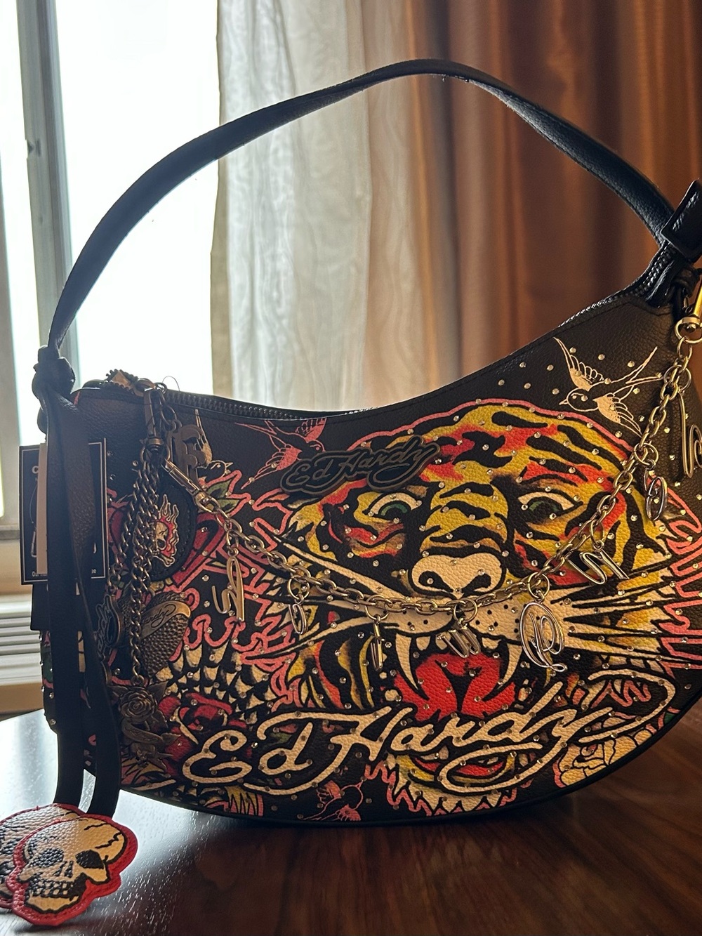 Ed Hardy Black Tiger Graphic Hobo with Multicolor Accents